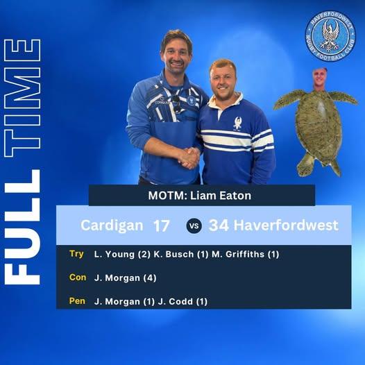 Haverfordwest man of the match Liam Eaton with coach Mikey Jones